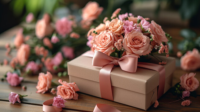 Mother's Day gift on light wooden background. Gift box tied with velvet ribbon and a bouquet of lovely flowers - Powered by Adobe