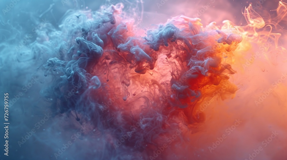 Wall mural  a heart shaped cloud of smoke on a blue and orange background with red and yellow smoke coming out of it.