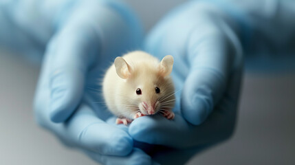 white mouse on human hand wearing blue glove
