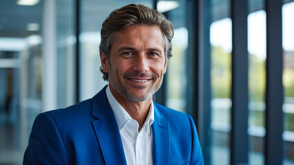 Obraz premium Happy middle age ceo businessman standing in glass office with arms crossed