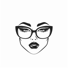 Black and white minimalist logo featuring woman's face with elegant  black frame glasses for business branding, against white background 