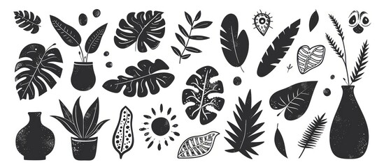 Set of abstract hand drawing tropical plant leaf shapes illustration. AI generated image