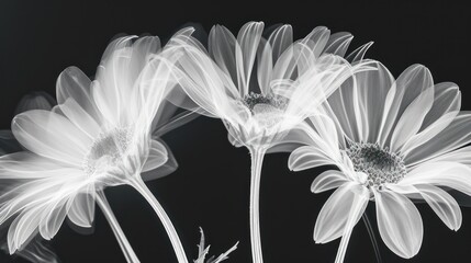  a black and white photo of three daisies in a vase with water droplets on the petals and a black background.
