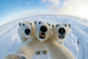 Three polar bears in the snow habitat taking a selfie with fisheye effect. Funny white bears smiling in Arctic having a playful selfie moment. Concept of wildlife and happiness. - obrazy, fototapety, plakaty