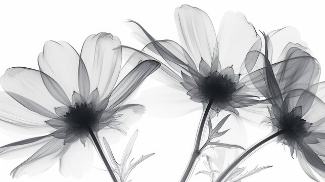  a group of black and white flowers on a white background with a black and white photo of the same flower.