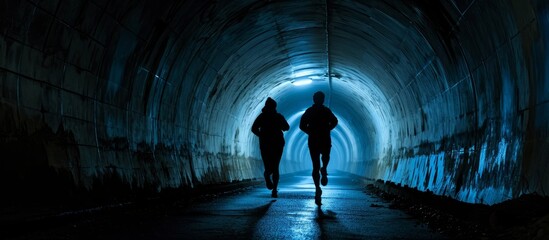 Dark, motion blur-filled tunnel with jogging couple athletes in silhouette