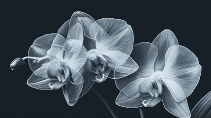  a black and white photo of three flowers on a black background with a black background and a black and white photo of three flowers on a black background.