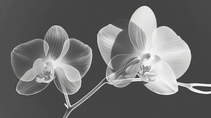 a black and white photo of two orchids on a black and white photo of two orchids on a black and white background.