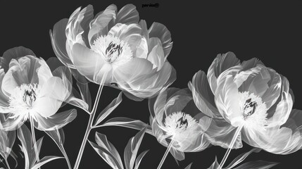  a black and white photo of a bunch of flowers on a black background with a caption in the middle.