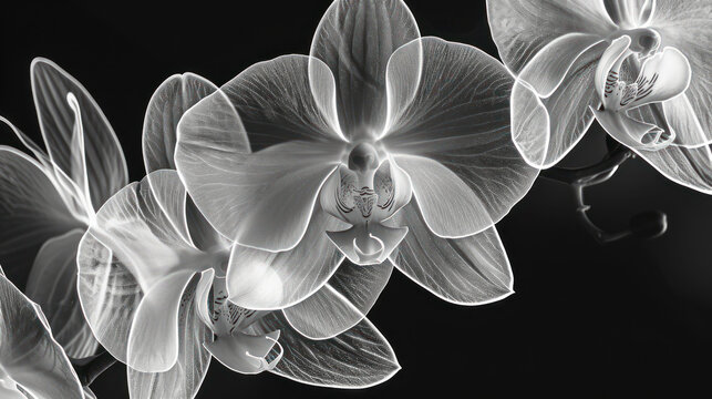  a close up of a bunch of flowers on a black and white background with a blurry image of the flowers.
