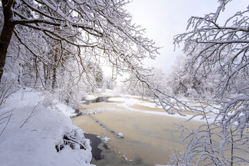 Winter trees, frosty snowy river. frozen river with thawed patches in the foreground. snow on branches close-up. Colorful landscape with snow-covered trees, a beautiful frozen river.