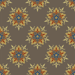 Seamless geometrical pattern with beautiful stars or stylized flowers. Medieval European motif. Five point geometrical mandala. On gray background.