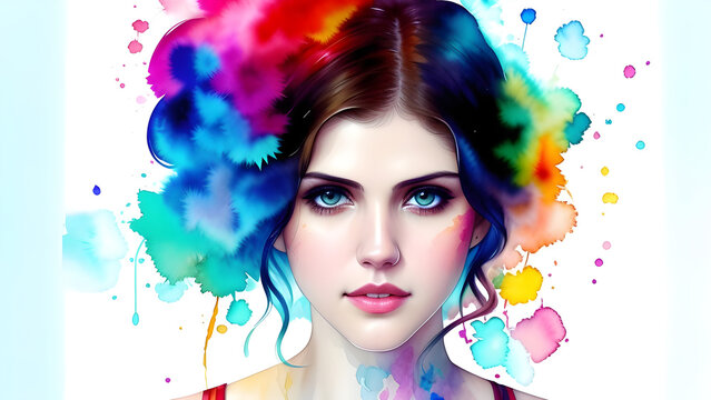 Abstract color paint, portrait of girl oil painting. Modern art, Beauty portrait of a young female model. Fashion illustration artwork, paint lady - woman face with colorfull flowers