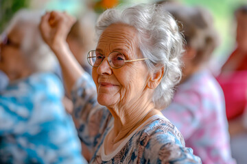 Elderly women doing exercises in the nursing home, senior movement and recreation - never too old to exercise