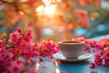 A delicate porcelain teacup adorned with pink flowers sits gracefully on a saucer, ready to awaken the senses with a comforting cup of coffee on a peaceful morning