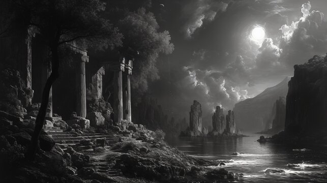 AI generated illustration of a vlack and white photo capturing the moon behind a majestic mountain