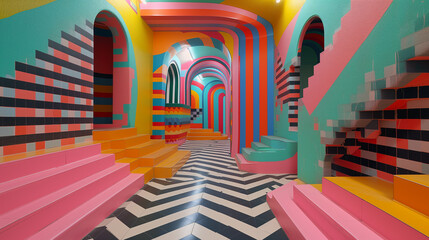 Colourful liminal space, labyrinth architecture, multiverse connections concept. 