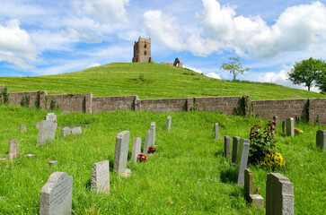 View of Burrow Mump ruins from St Michaels church in Burrowbridge Somerset