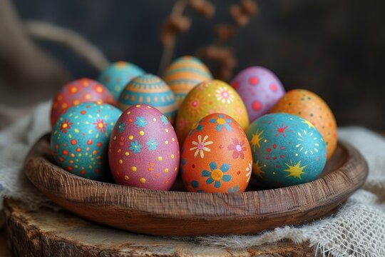 Vibrant easter eggs nestled in a rustic bowl, waiting to be transformed into works of art through the ancient tradition of egg decorating