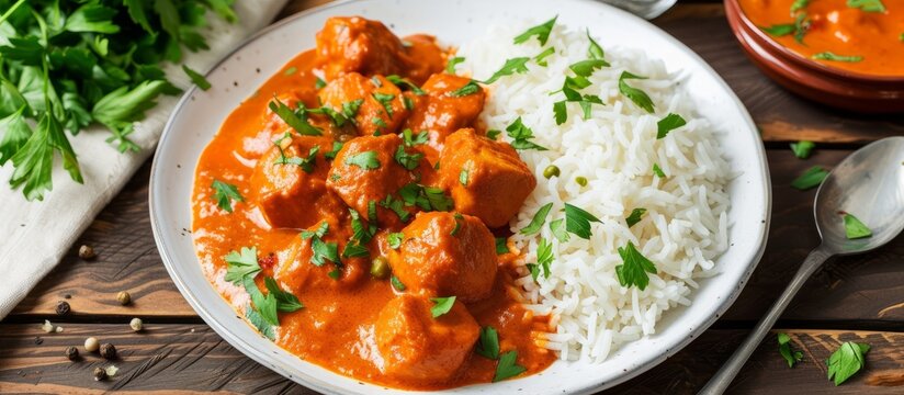 Chicken tikka masala, rice, and a white plate.
