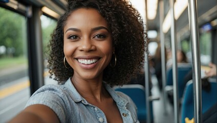 Young African American woman with curly hair takes a selfie, smiling and wearing a denim shirt, inside a bus with blue seats in the background.