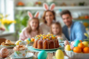 Family delighting in easter cake, painted eggs, and dinner time together