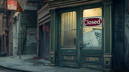 Deserted urban alleyway with a closed sign on the door of a vintage storefront, evoking a sense of abandonment.
