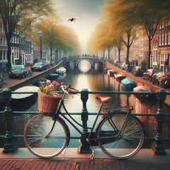 Illustration of a bicycle in the canals of Amsterdam, Holland in summer