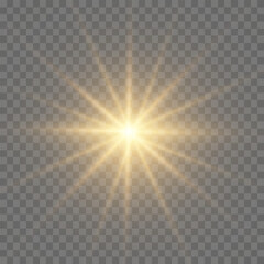 Bright Star. Transparent shining sun, bright flash. Sparks glitter special light effect. Sparkling magic dust particles. Vector sparkles.