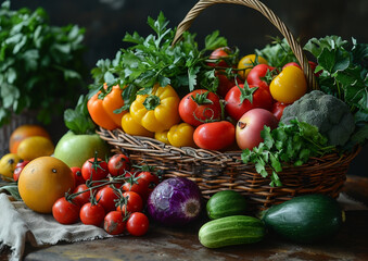 A Basket Overflowing With a Variety of Fresh Vegetables. A wicker basket is filled to the brim with a diverse assortment of healthy and colorful vegetables