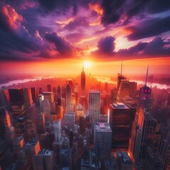 Illustration of dramatic sunset over New York city, USA