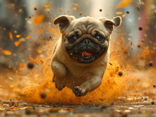 Pug Dog Running Through a Puddle of Water. A pug dog energetically runs through a puddle of water, splashing all around in a playful manner.