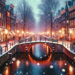 Amsterdam canal design in the winter with snow