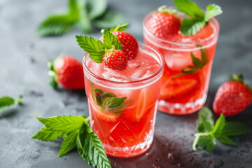 Two glasses of strawberry smoothie. Strawberry smoothie. Vegan smoothie or milkshake from strawberry, mint on wooden table background. Clean eating, alkaline diet. Top view. Mock up.