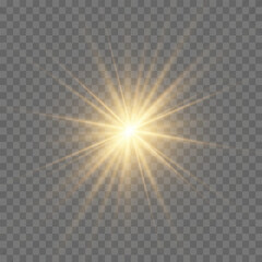 Bright Star. Transparent shining sun, bright flash. Sparks glitter special light effect. Sparkling magic dust particles. Vector sparkles.