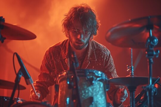 A passionate musician beats to the rhythm of the red-lit stage, his tomtom drum resounding with the energy of a rock concert