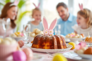 Easter feast: parents and children bond over sweet pastries, easter eggs, and togetherness