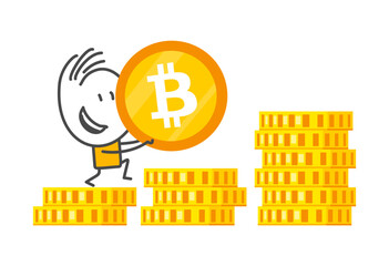 Stick figures. Bitcoin. Isolated on white background. Hand drawn doodle line art cartoon design character.