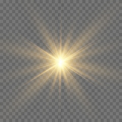 Bright Star. Transparent shining sun, bright flash. Sparks glitter special light effect. Sparkling magic dust particles. Vector sparkles.
