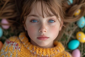 A young child model with a captivating human face adorned with freckles and piercing blue eyes gazes playfully at a toy, exuding innocence and youth in this charming portrait