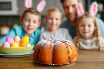 Fototapeta premium Traditional Easter cake and eggs with father and children