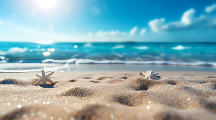 Sandy beach with light blue transparent water waves and sunlight, tranquil aerial beach scene