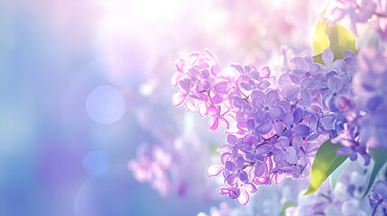 Beautiful Wide Angle soft spring background with lilac flowers. Panoramic pastel floral pink and purple template Web banner. greeting card with Copy Space. Illustration for Albums, notebooks. - obrazy, fototapety, plakaty