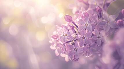 Naklejka na ściany i meble Beautiful Wide Angle soft spring background with lilac flowers. Panoramic pastel floral pink and purple template Web banner. greeting card with Copy Space. Illustration for Albums, notebooks.