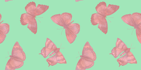 abstract seamless pattern, pink butterflies on a green background, Design for packaging, wallpaper, print