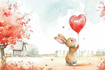 watercolor illustration of a bunny holding a heart-shaped balloon, with a beautiful garden in the background.