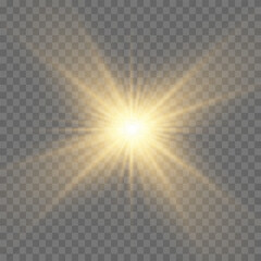 Bright Star. Transparent shining sun, bright flash. Sparks glitter special light effect. Sparkling magic dust particles. Vector sparkles.