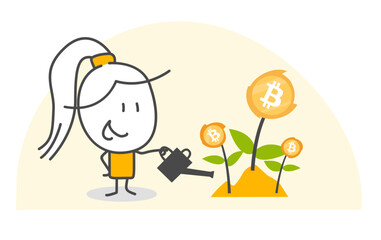 Stick figures. Bitcoin. Isolated on white background. Hand drawn doodle line art cartoon design character.