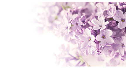 Beautiful Wide Angle soft spring background with lilac flowers. Panoramic pastel floral pink and purple template Web banner. greeting card with Copy Space. Illustration for Albums, notebooks.