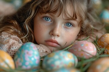 Fototapeta premium A young girl with bright blue eyes and a sprinkle of freckles rests peacefully in a nest of pastel easter eggs, her innocent toddler face illuminated by the warm light as she cradles a delicate egg i